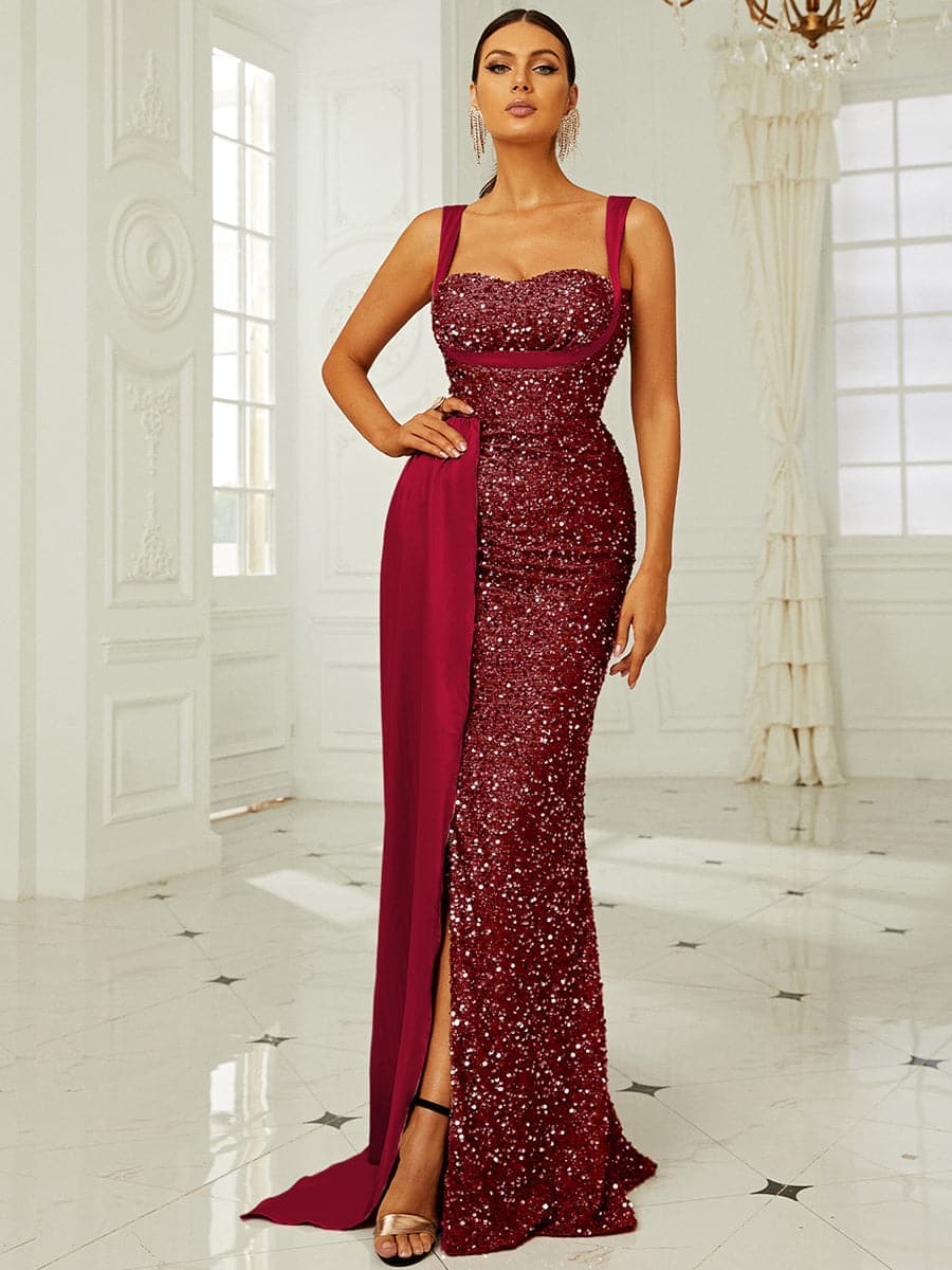 Sleeveless Draped Maxi Sequin Prom Dress XH2162 MISS ORD