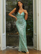 Deep V Neck Spaghetti Green Sequin Prom Dress M02188 MISS ORD