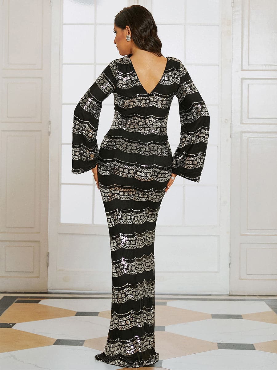 Flared Sleeve Striped Sequin Black Formal Gown XJ1818 MISS ORD