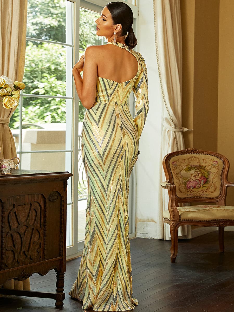 Backless One Shoulder Satin Multicolor Maxi Prom Dress XH2257
