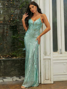 Deep V Neck Spaghetti Green Sequin Prom Dress M02188 MISS ORD