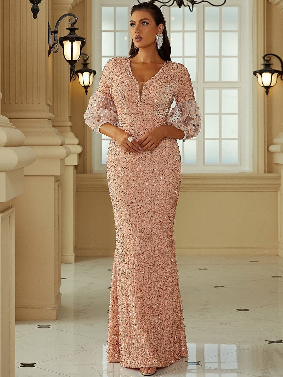 Lantern Sleeve Sequin Prom Dress XH2184