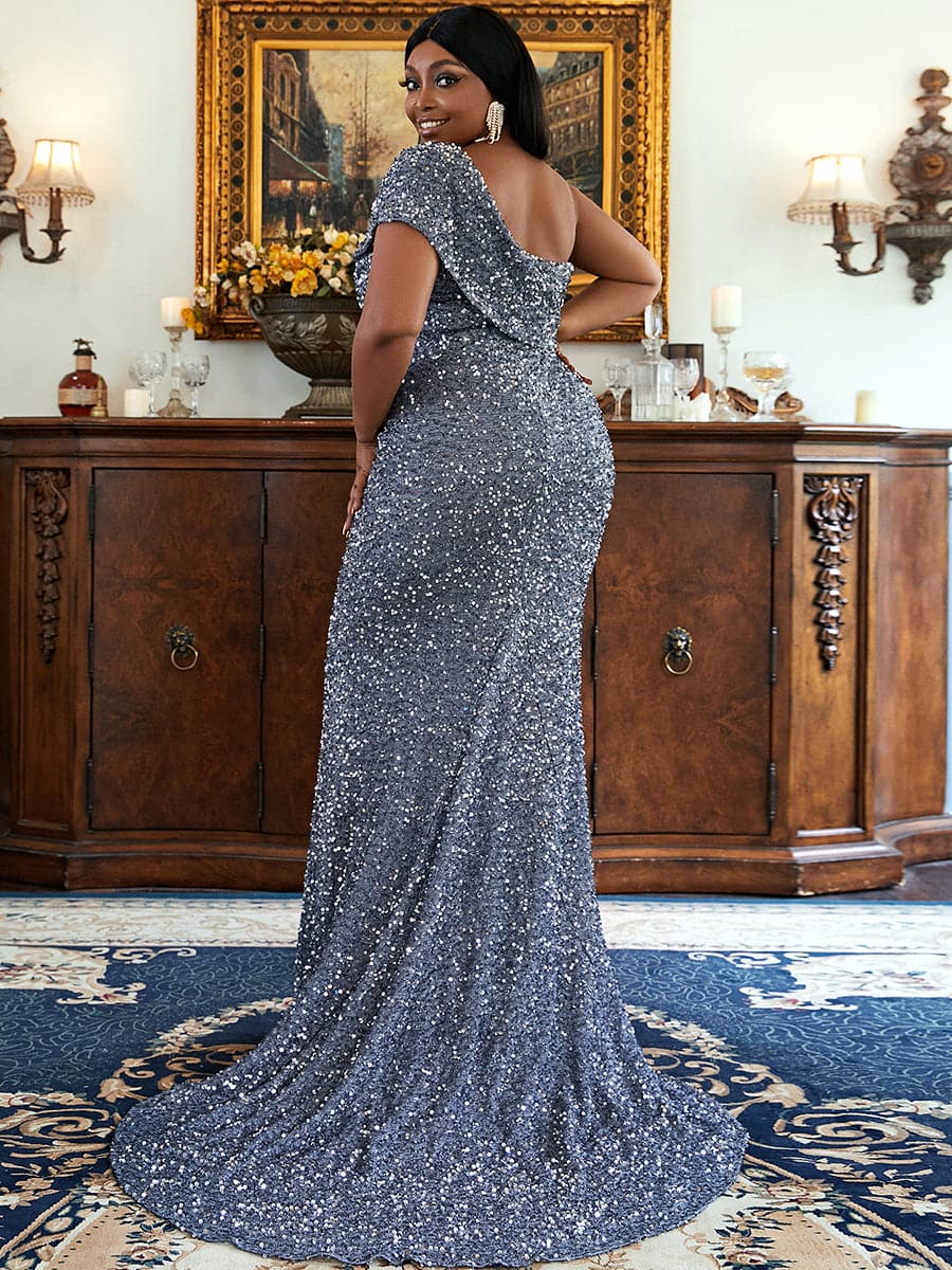 Plus Size One Shoulder Mermaid Maxi Sequin Grey Prom Dress PXH2123