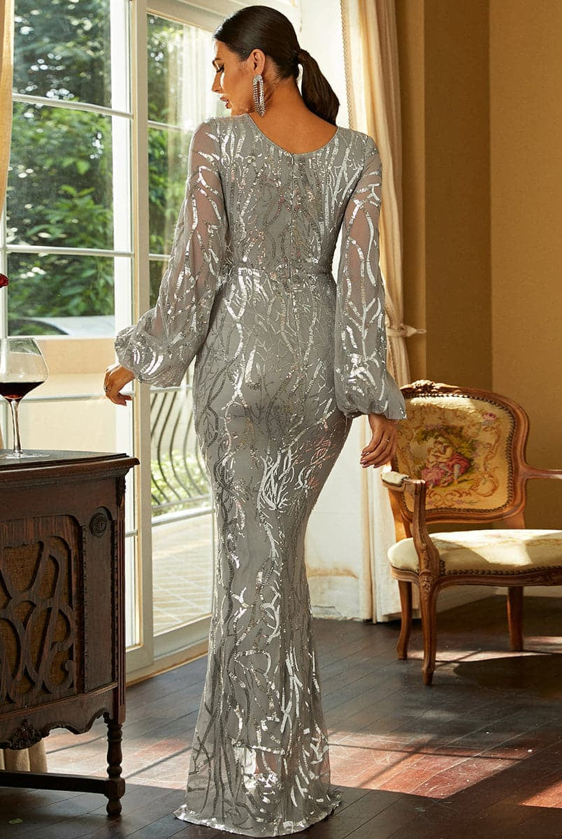 Long Sleeve Maxi Grey Mermaid Sequin Dress XJ1500