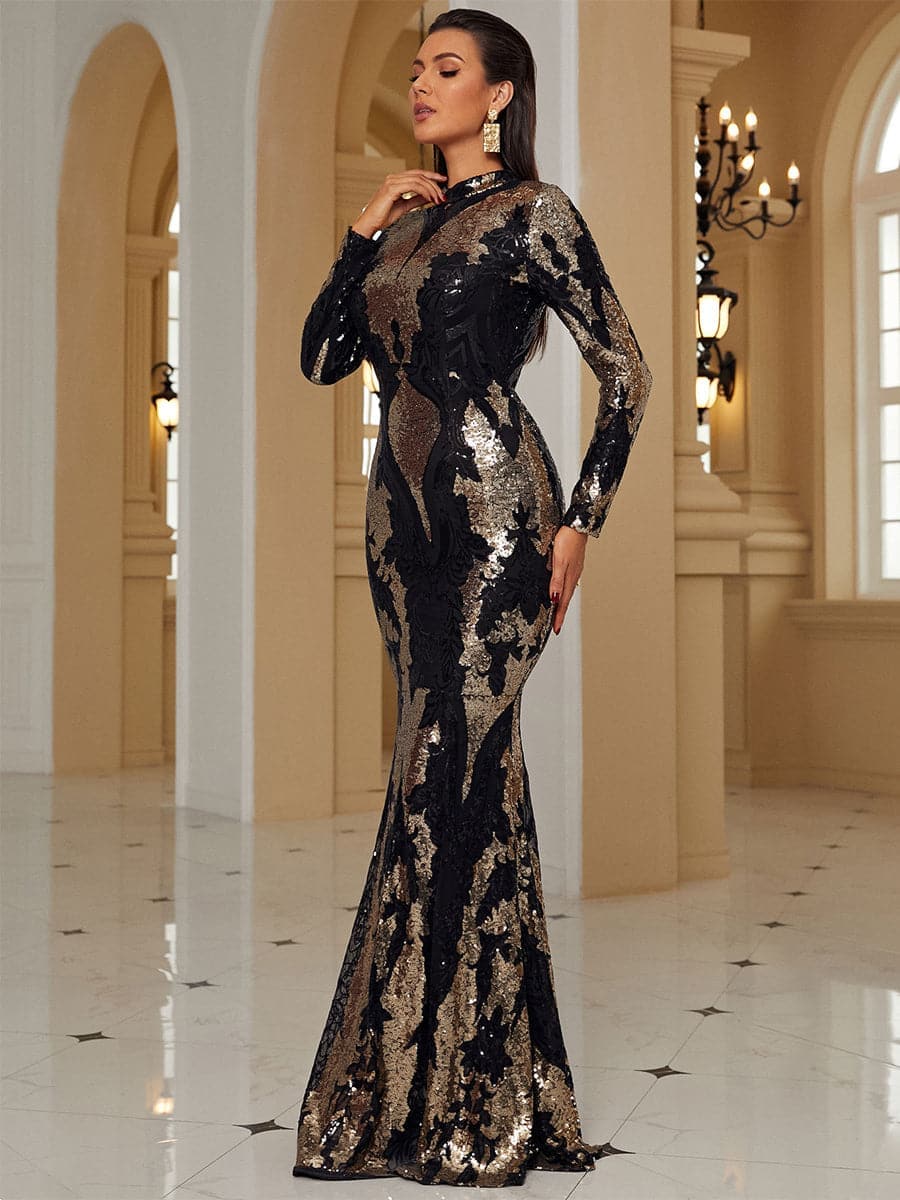 High Neck Long Sleeves Floor Length Sequin Black Prom Dress XJ1579 MISS ORD