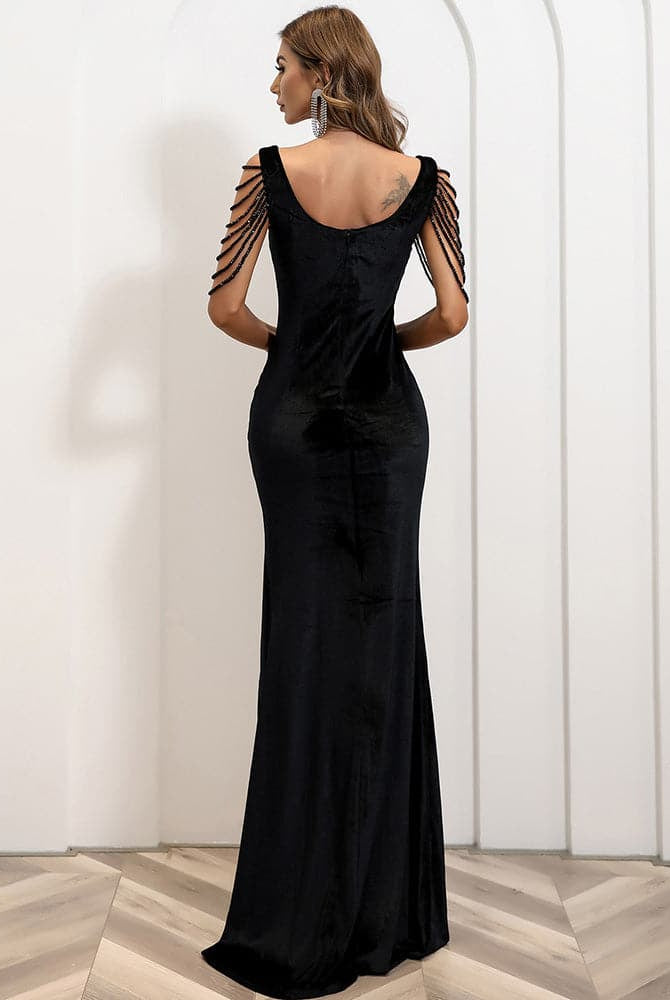 Shouder Chain Split Velvet Black Prom Dress M01298 MISS ORD