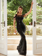 Cold Shoulder Fringed Sequin Black Evening Dress M02166 MISS ORD