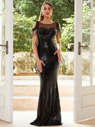 Cold Shoulder Fringed Sequin Black Evening Dress M02166 MISS ORD