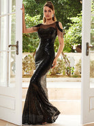 Cold Shoulder Fringed Sequin Black Evening Dress M02166 MISS ORD