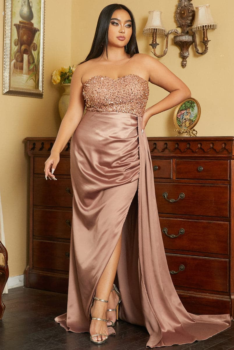 Plus Size Strapless Sequin A-Line Brown Evening Dress PXH1964 MISS ORD