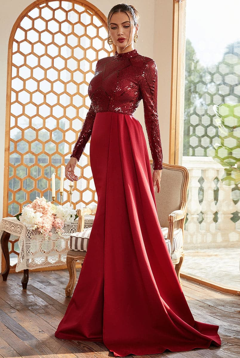 Formal Draping A-Line Long Sleeve Sequin Red Evening Dress M02153
