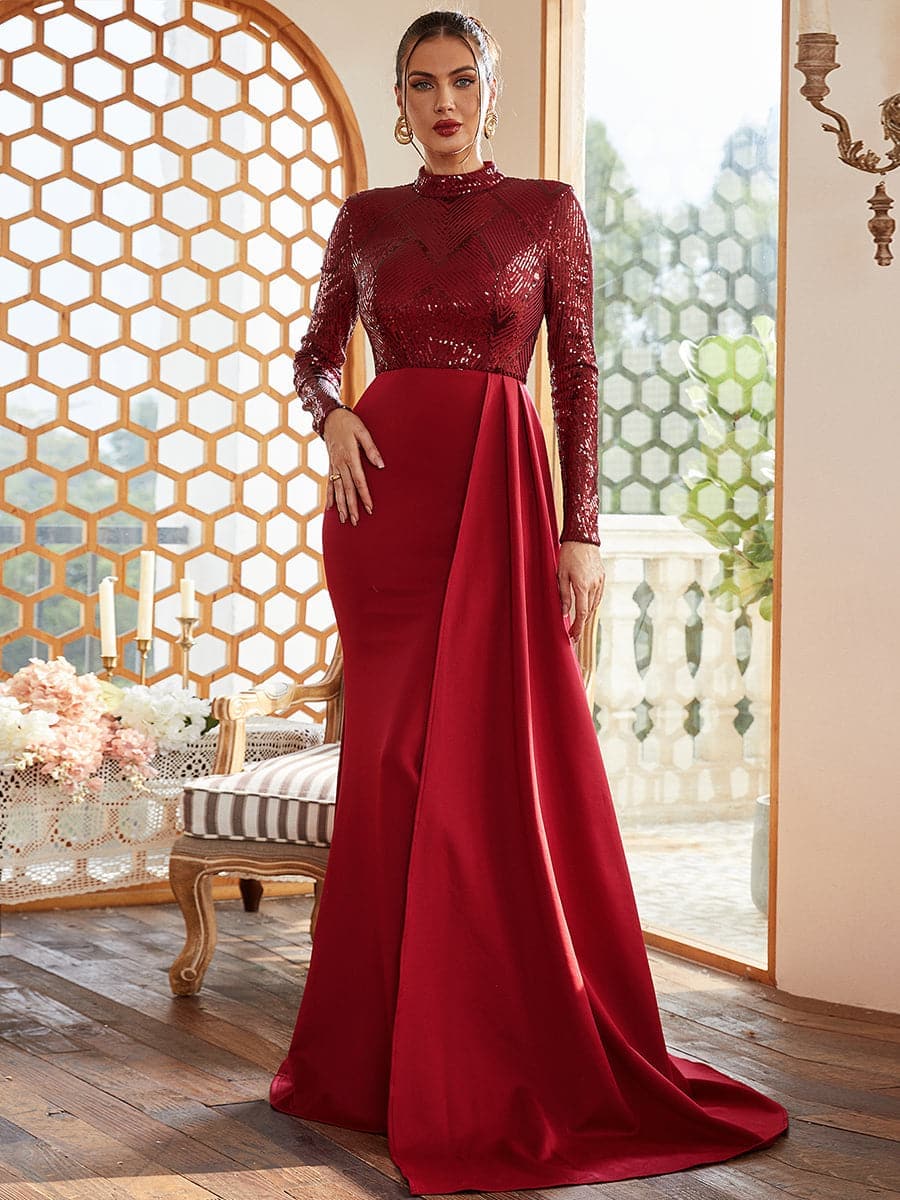 Formal Draping A-Line Long Sleeve Sequin Red Evening Dress M02153