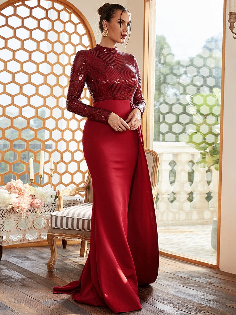 Formal Draping A-Line Long Sleeve Sequin Red Evening Dress M02153 MISS ORD