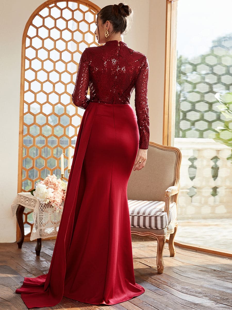 Formal Draping A-Line Long Sleeve Sequin Red Evening Dress M02153 MISS ORD