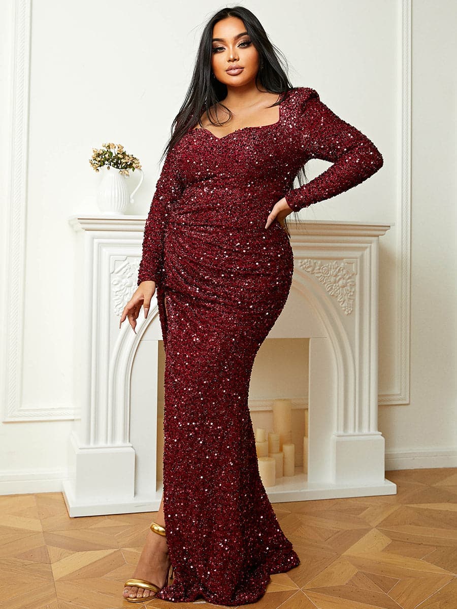 Plus Size Sweetheart Long Sleeve Burgundy Sequin Prom Dress PJM041L MISS ORD