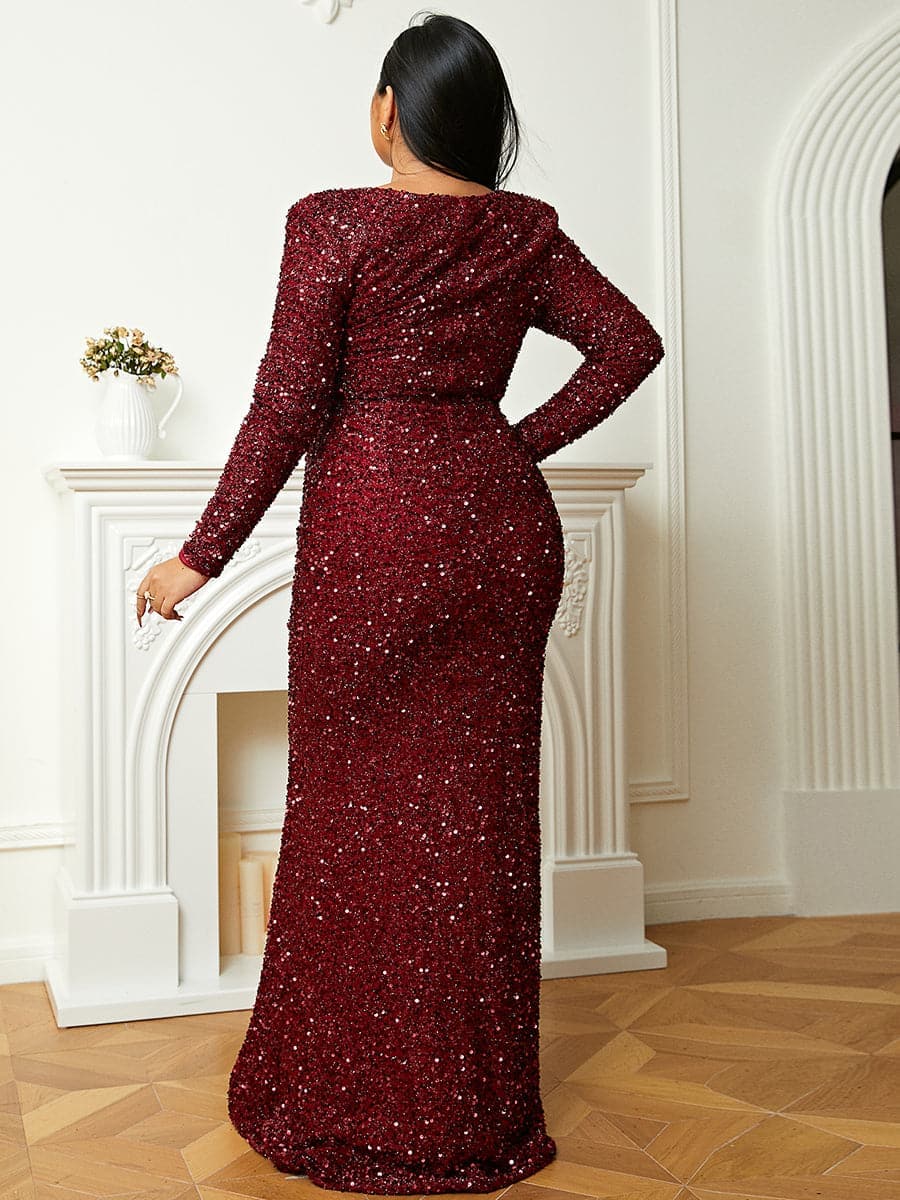 Plus Size Sweetheart Long Sleeve Burgundy Sequin Prom Dress PJM041L MISS ORD