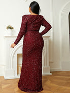 Plus Size Sweetheart Long Sleeve Burgundy Sequin Prom Dress PJM041L - MISS ORD Plus Size Sweetheart Long Sleeve Burgundy Sequin Prom Dress PJM041L - MISS ORD