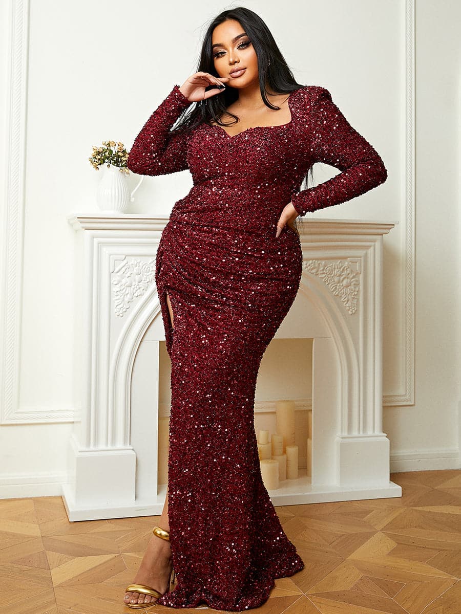 Plus Size Sweetheart Long Sleeve Burgundy Sequin Prom Dress PJM041L MISS ORD