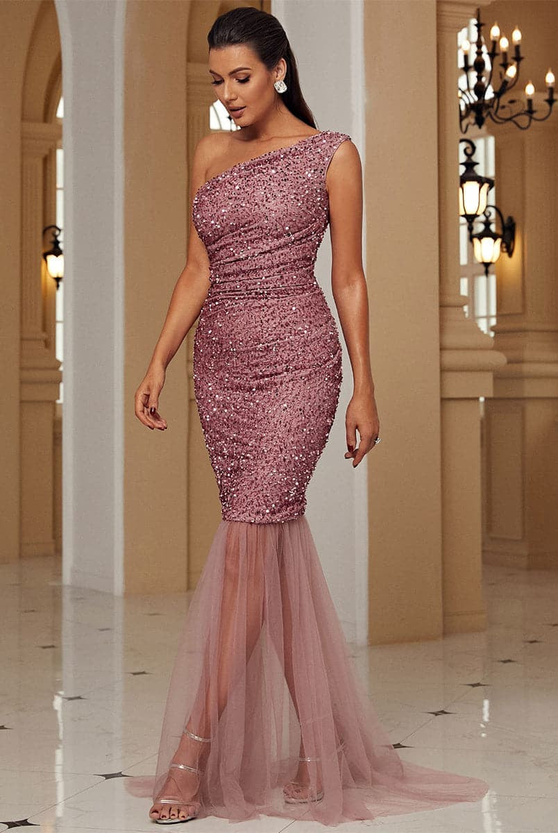 One Shoulder Mermaid Hem Pink Sequin Prom Dress WY37