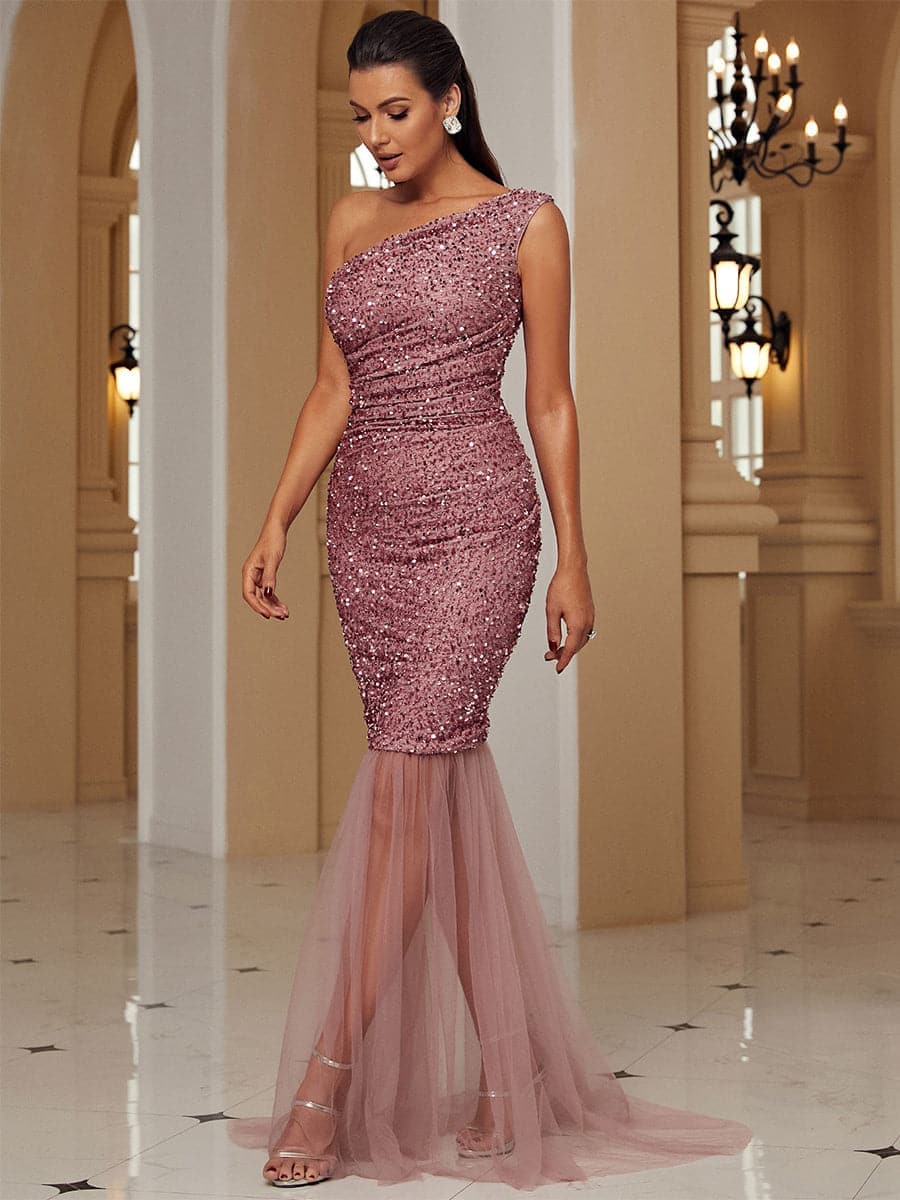One Shoulder Mermaid Hem Pink Sequin Prom Dress WY37