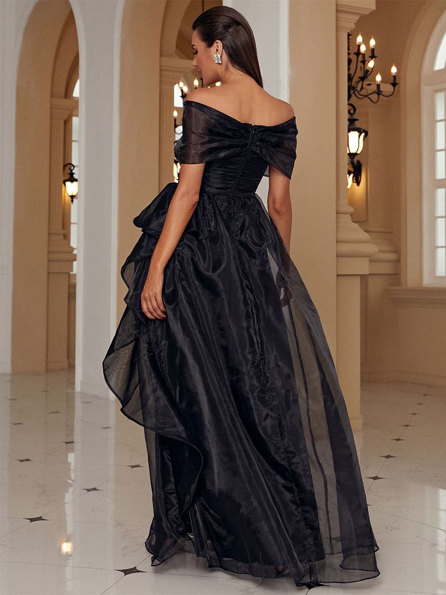Off Shoulder Maxi Tulle Black Evening Dresses WY52