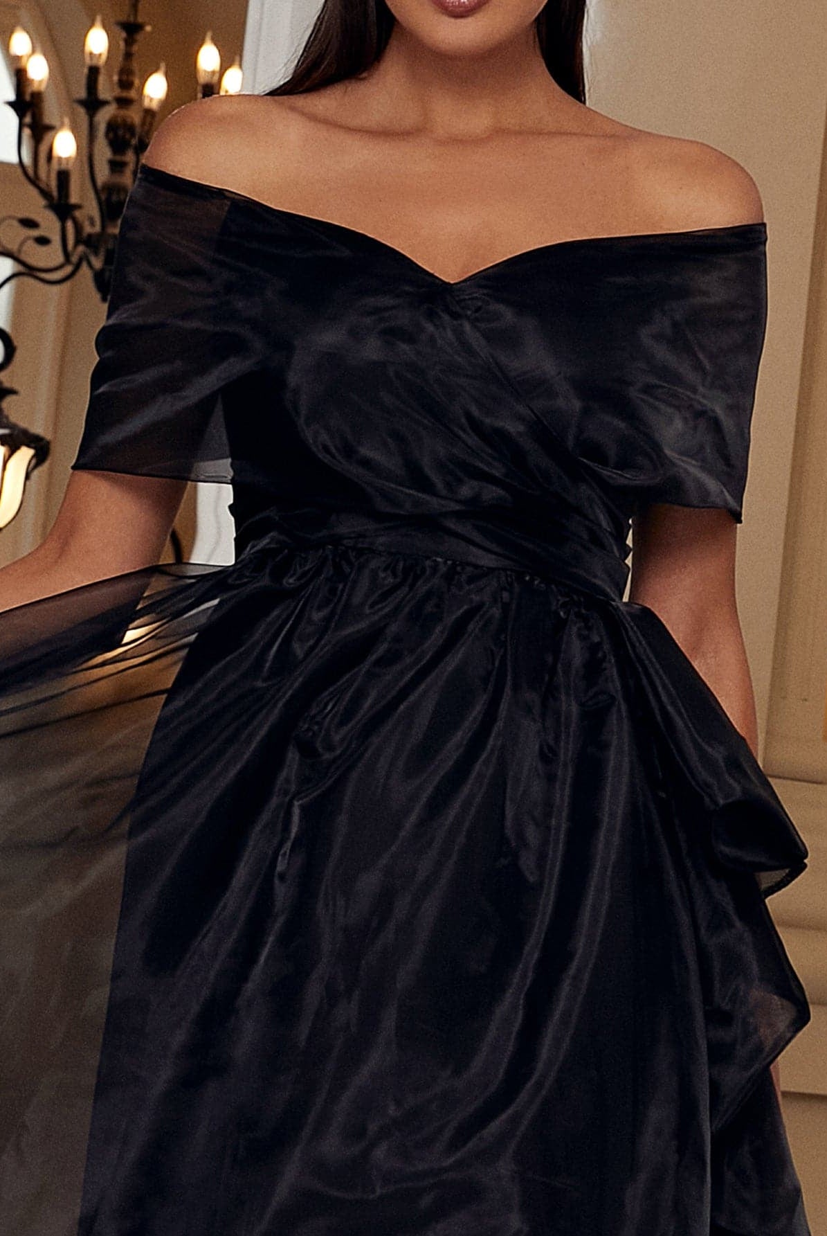 Off Shoulder Maxi Tulle Black Evening Dresses WY52