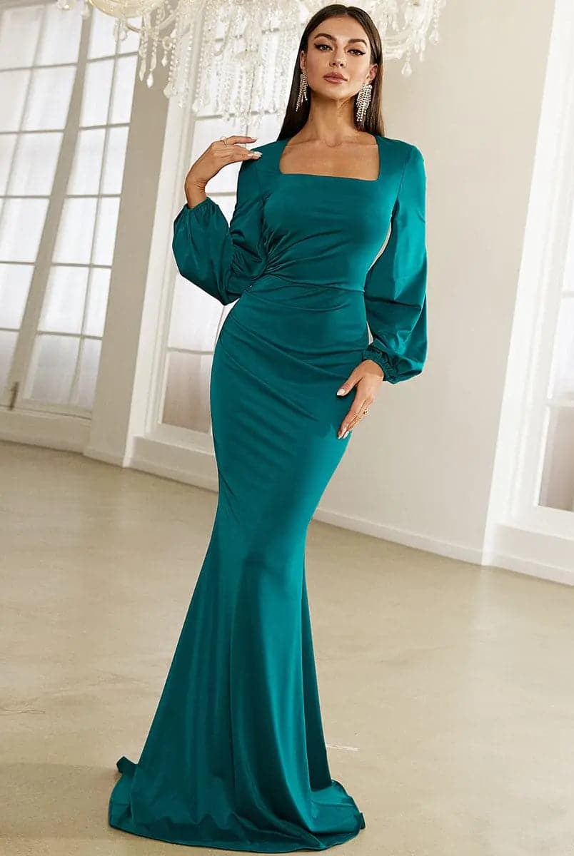 Bishop Sleeve Square Neck Green Mermaid Knit Prom Dress XJ1496