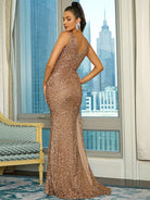 Draped Asymmetric Gold Sequin Floor Length Prom Dress XJ1643