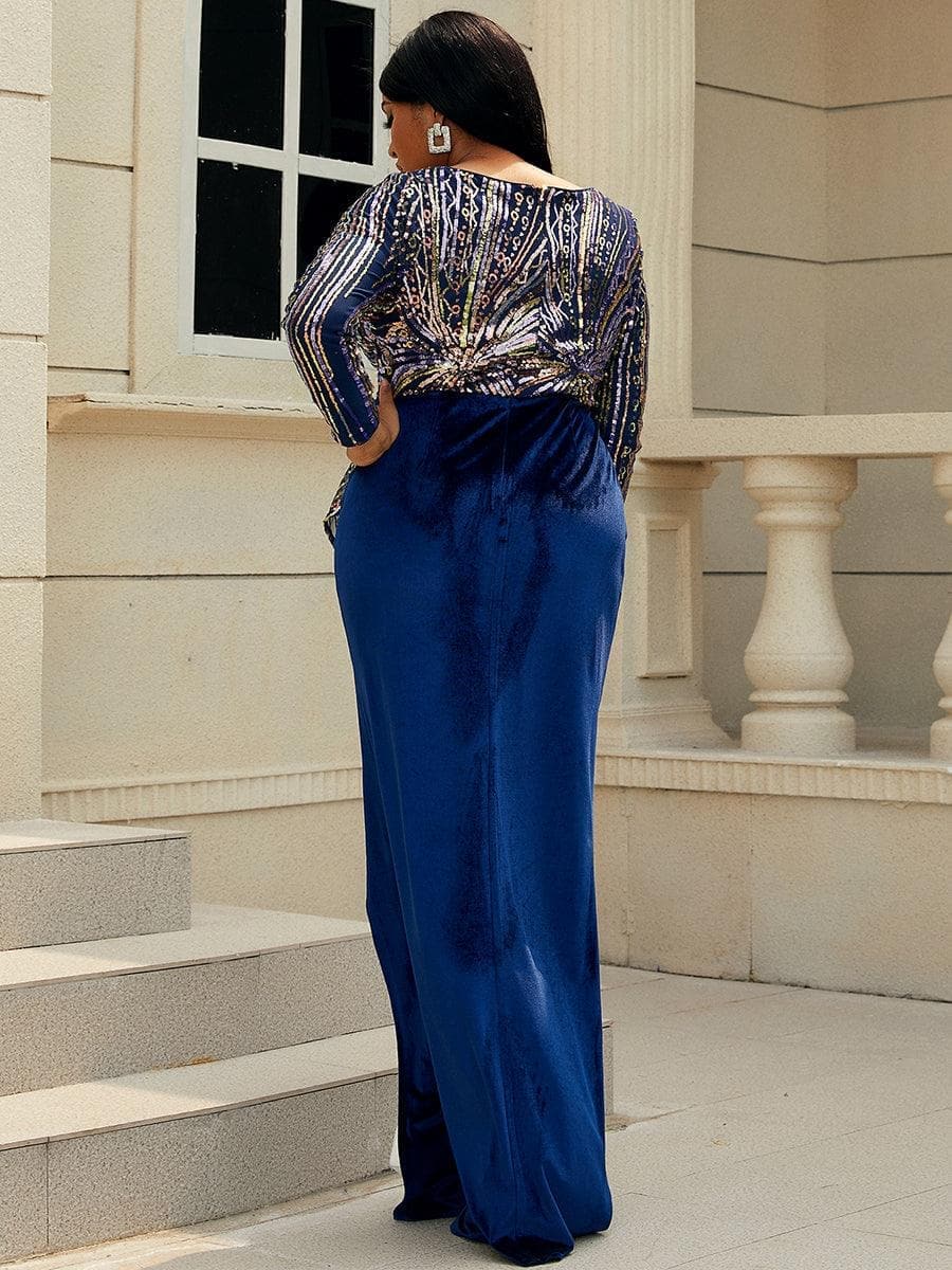 Plus Size Line Print Top Blue Maxi Sequin Prom Dress PXL012 - ltolto