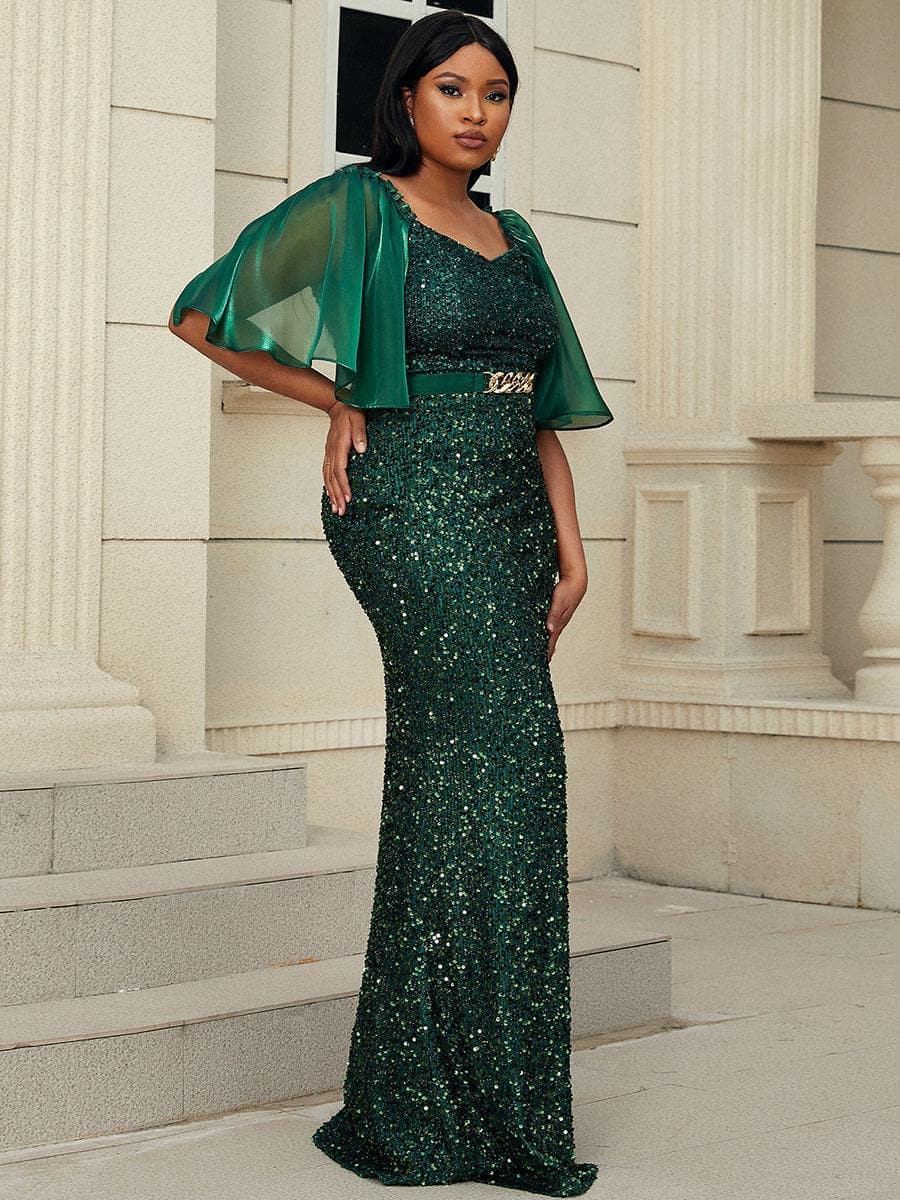 Plus Size Mesh Sleeve Belt Green Maxi Sequin Prom Dress PXL007 - MISSORD