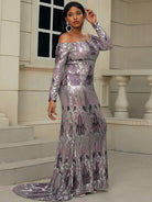 Plus Size Off Shoulder Purple Maxi Sequin Prom Dress PXH2090 - MISSORD