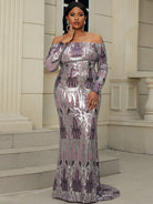 Plus Size Off Shoulder Purple Maxi Sequin Prom Dress PXH2090 - MISSORD