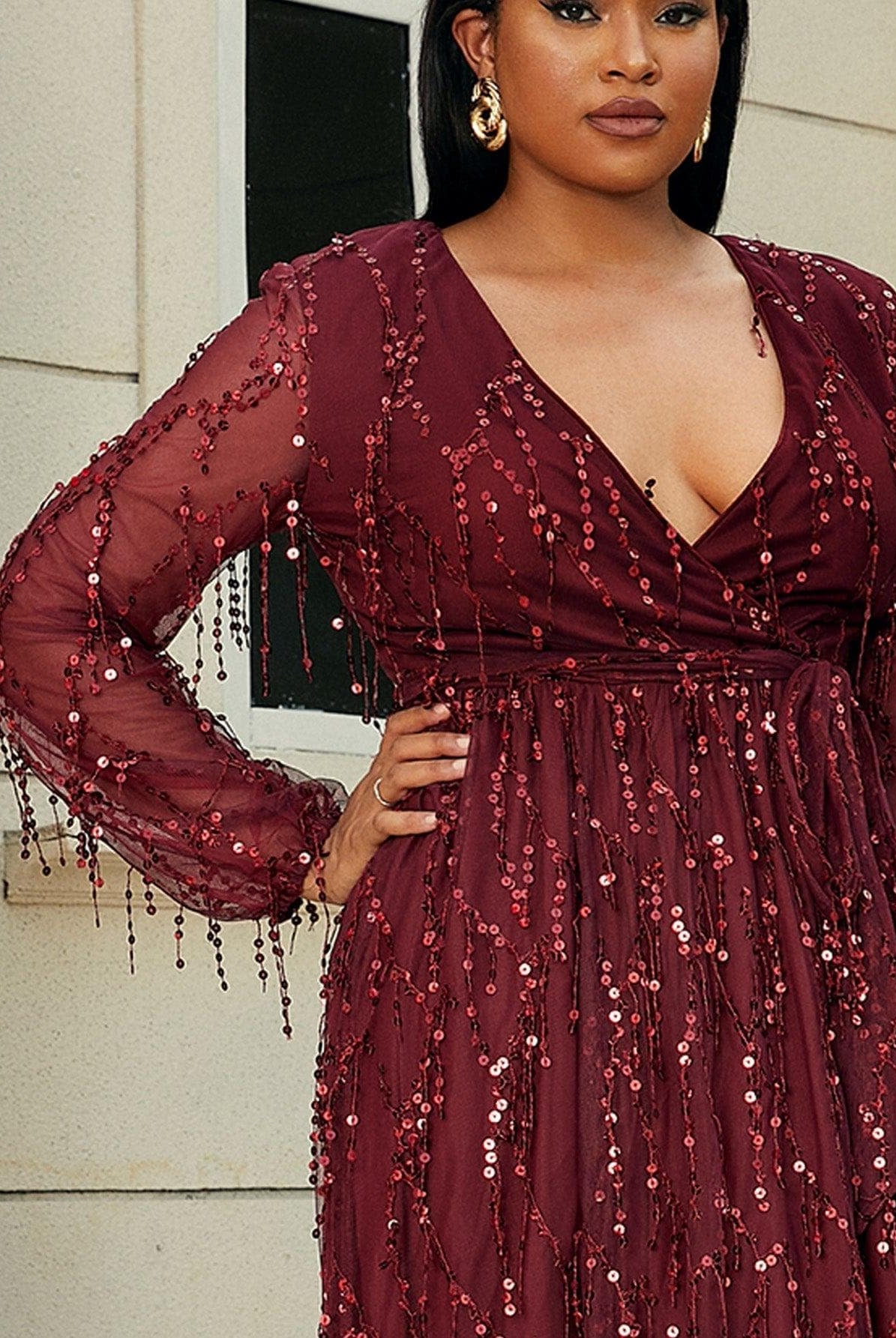 Plus Size V Neck Mesh Sleeve Red Maxi Sequin Formal Dress P0376