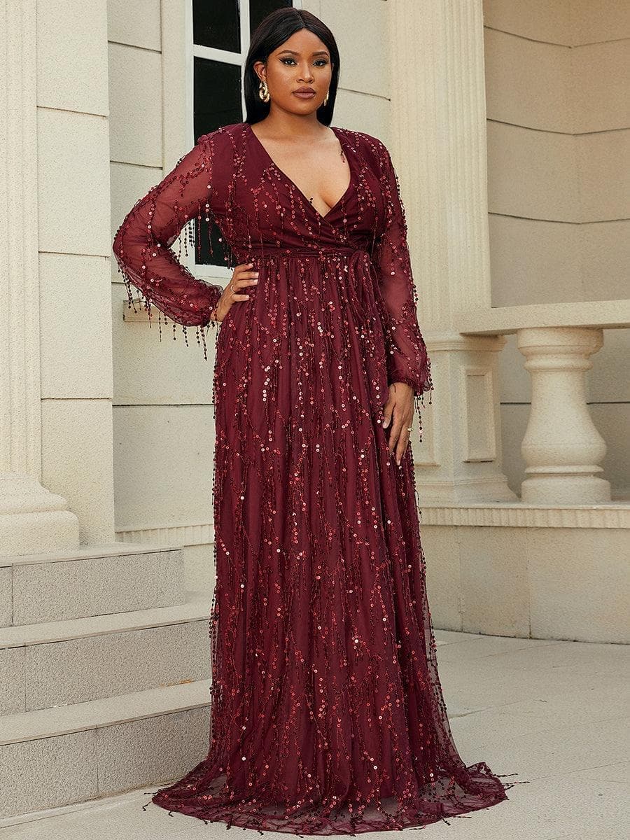 Plus Size V Neck Mesh Sleeve Red Maxi Sequin Formal Dress P0376 - MISSORD