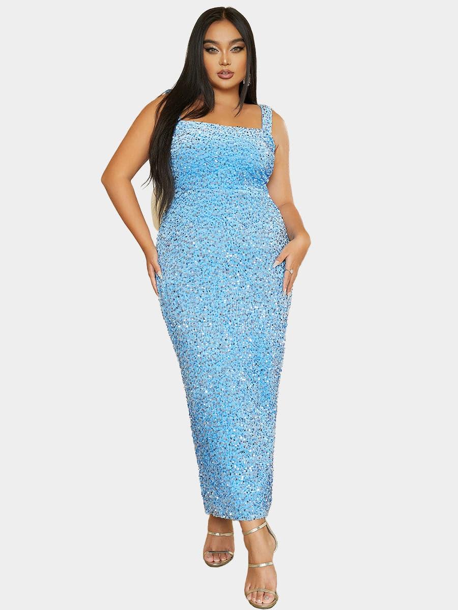 Plus Size Square Neck Sleeveless Sequin Midi Dress PXJ468 - MISS ORD