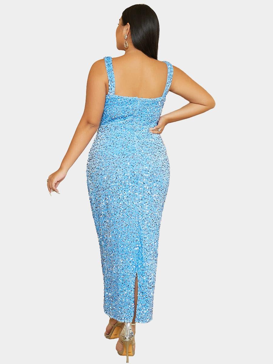 Plus Size Square Neck Sleeveless Sequin Midi Dress PXJ468 - MISS ORD